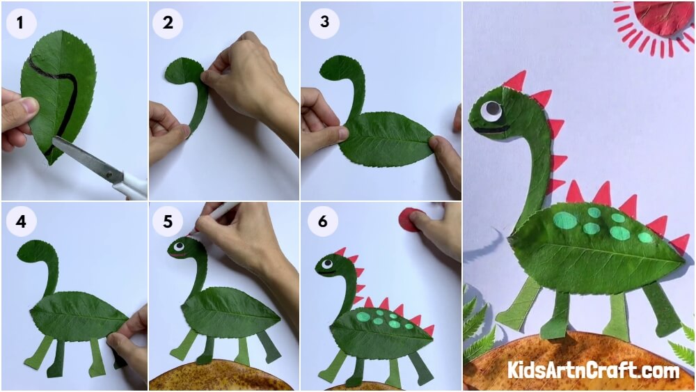 DIY leaf art dinosaur Step by Step tutorial for kids