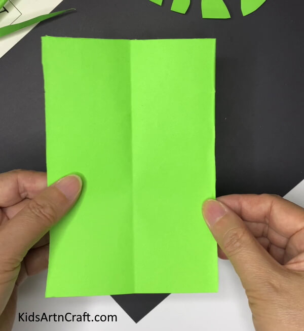 Creasing A Green Paper Into Half - A Step-by-Step Guide to Making Monstera Leaves Out of Paper for Kindergartners 