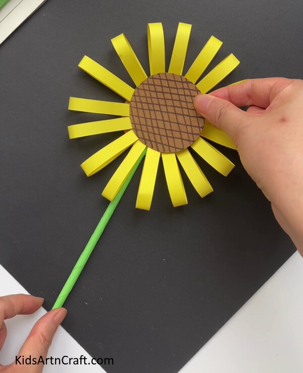 Pasting The Brown Circle - This is a fun, easy paper sunflower project for kids. 