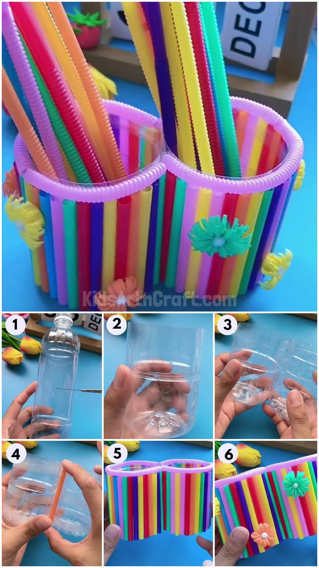 DIY pencil holder from plastic bottles and pipe cleaners