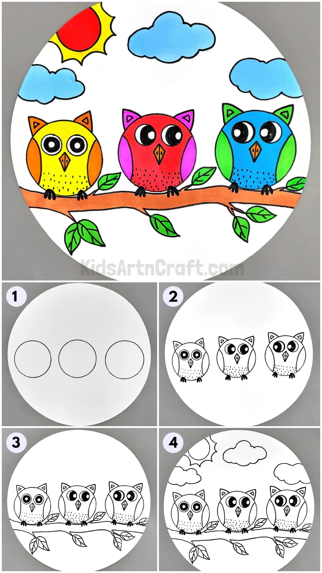 Draw a group of owls easy Tutorial for Kids
