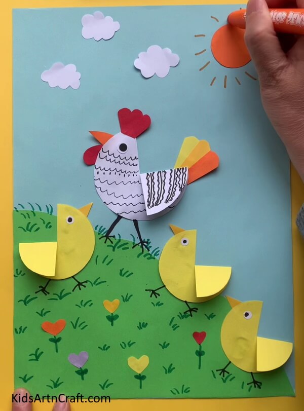 Drawing The Sun's Rays An effortless chicken-themed decoration project for children 