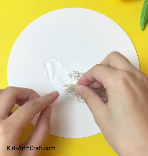 Pasting Tried Grass in the Drawing- An Easy Chicken Craft Tutorial for Kids 