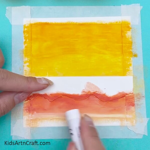 Colour the valleys white- A Step-by-step Tutorial for Kids to Paint a Sunset Scene