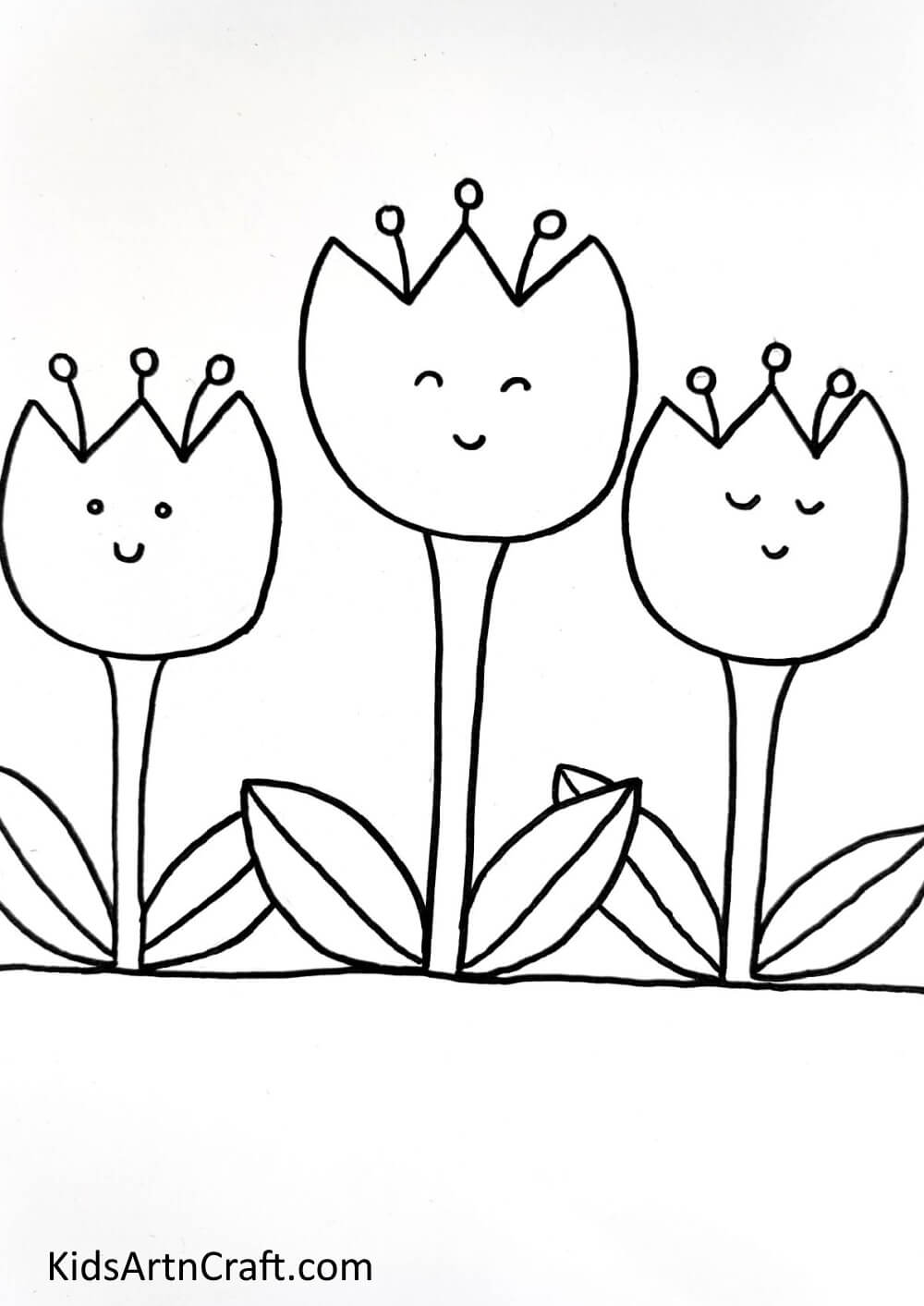 Drawing Pollens, Stems, Leaves, Eyes, And Smile - Kids can easily create tulip paintings in their own home.
