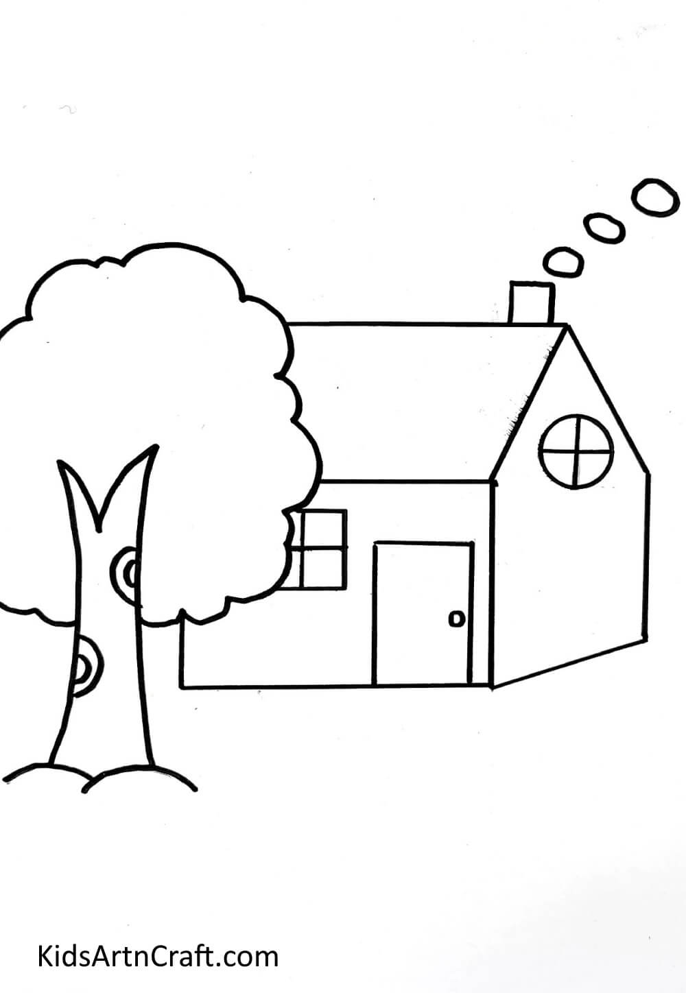 Drawing A House Behind The Tree Drawing a house, tree, and scenery step by step