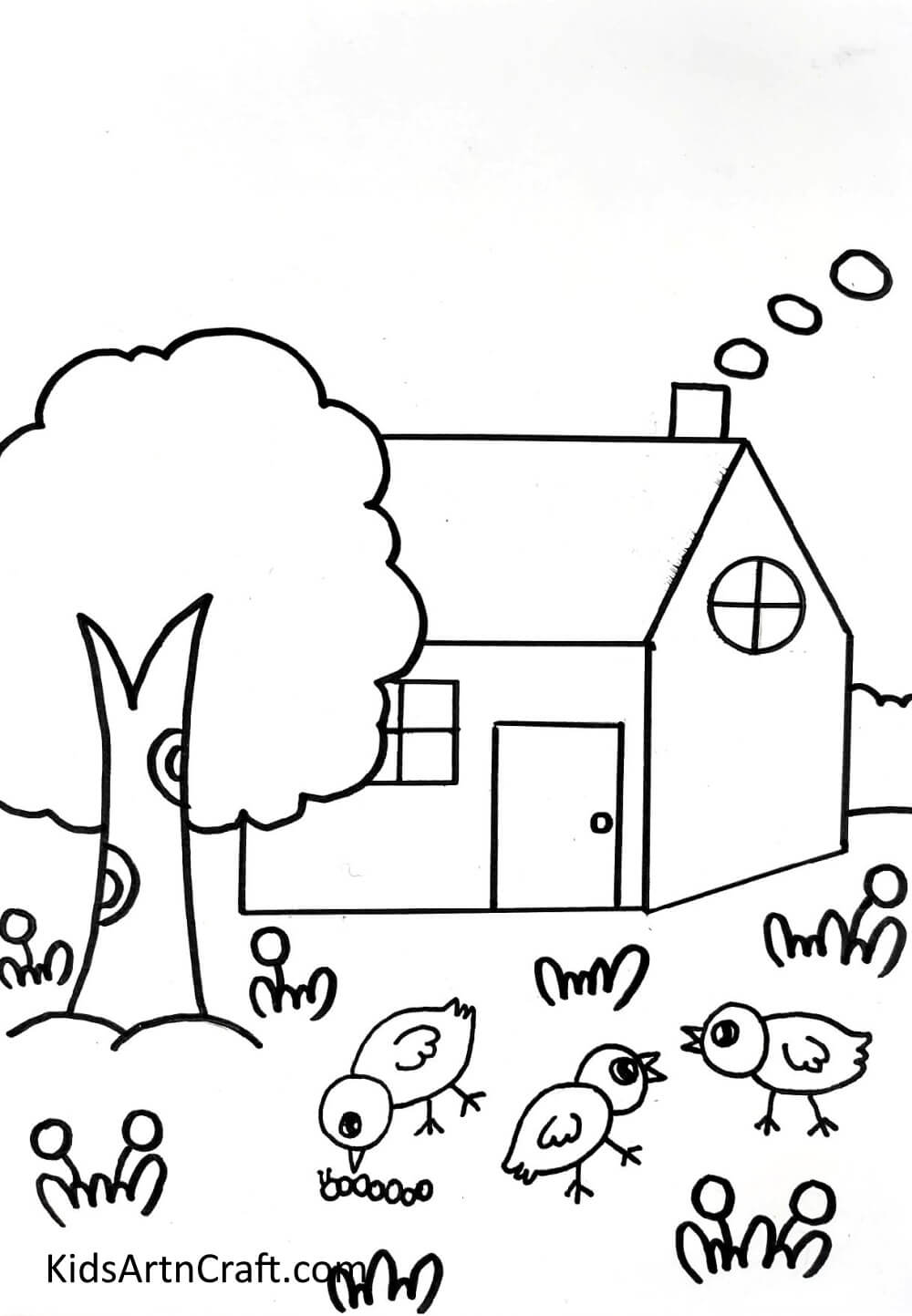 Drawing Birds And Garden Making a house, tree, and landscape sketch step by step
