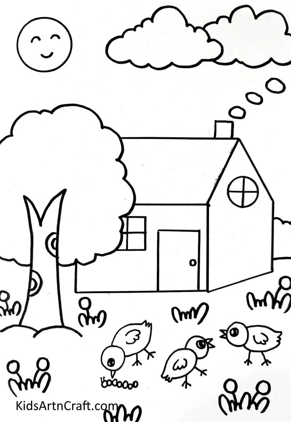 Drawing Sun And Clouds Learn how to draw a house, tree, and scenery step by step