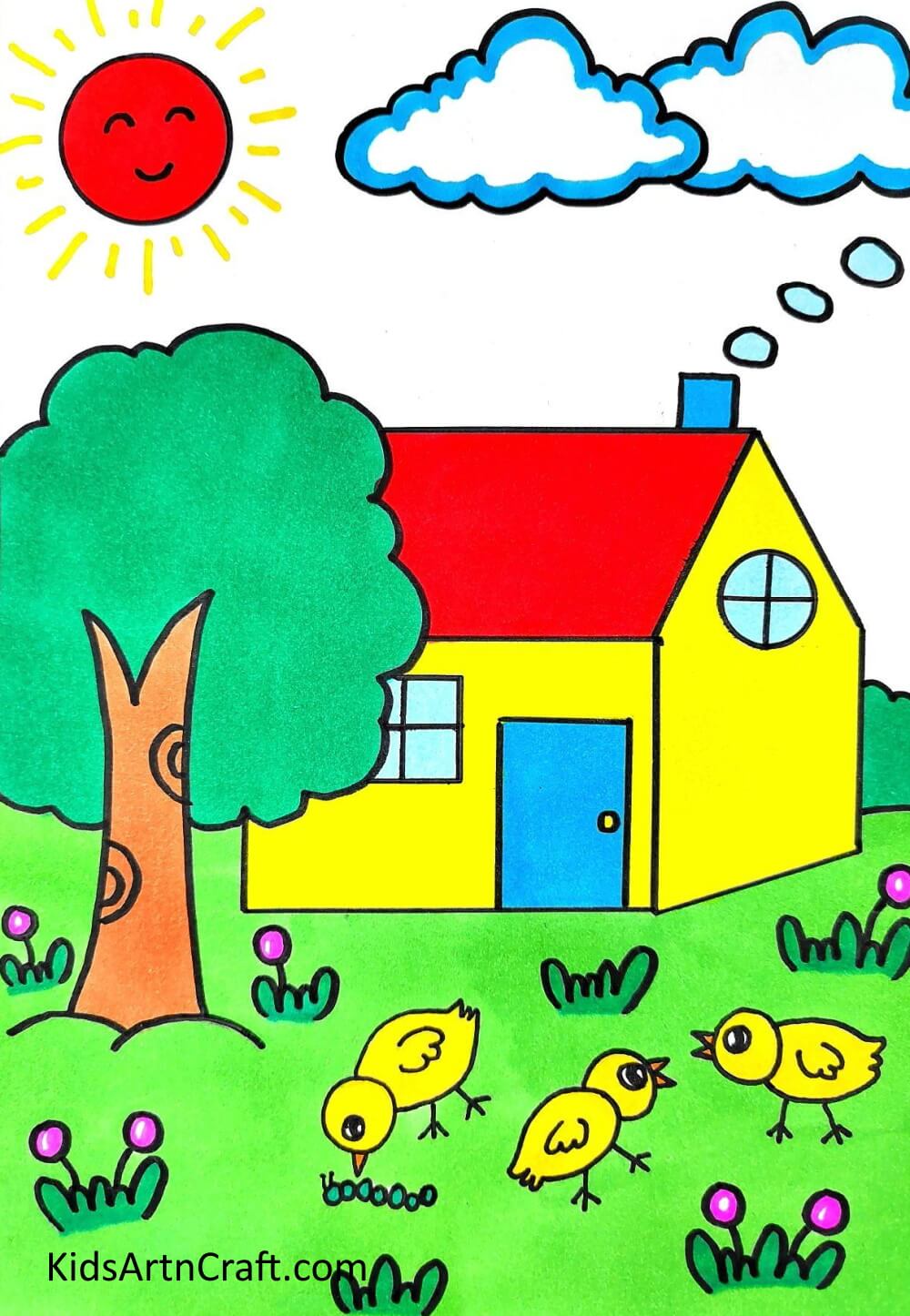 Coloring The Drawing Creating a house, tree, and landscape illustration step by step