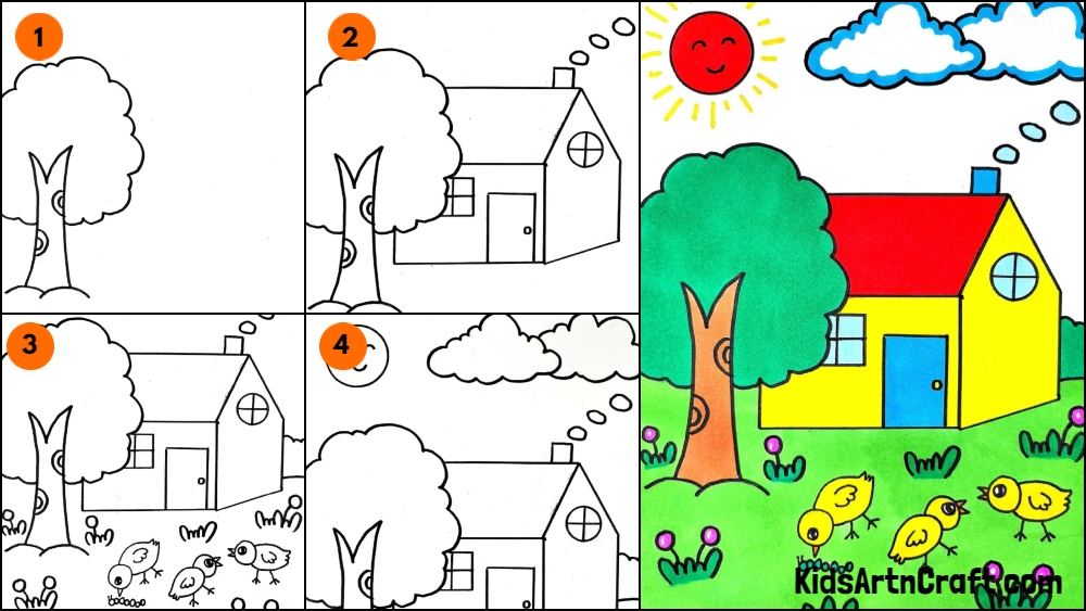 Easy House Tree scenery Step by Step Drawing
