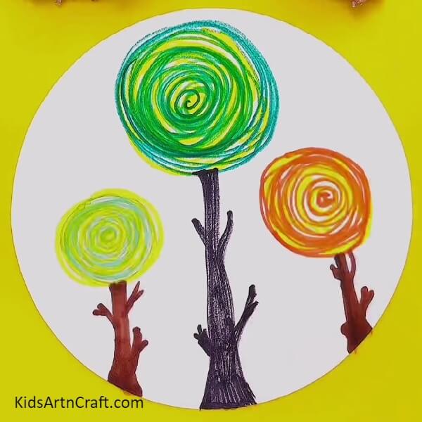 Making three trees by similar method- A step-by-step guide for kids to learn about Kandinsky's circle tree scenery 
