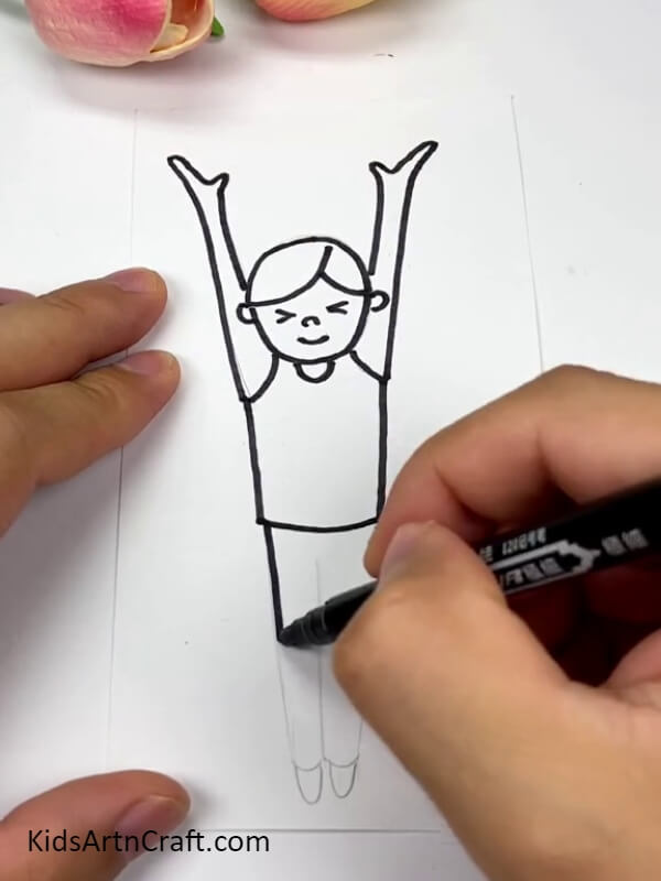 Draw human boy figure with pencil and black marker/sketch pen-Simple tutorial for children on building a hanging man craft with straws.