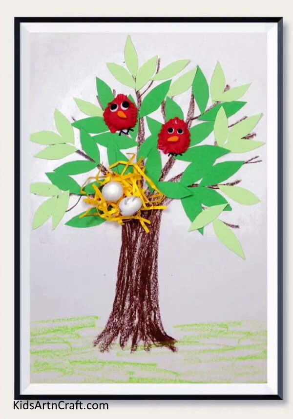Bird On Nest Paper and Clay Craft Is Ready To Display! - An easy paper-crafted tree with a bird's nest for the tykes