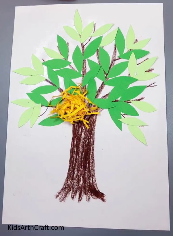 Pasting Nest of Bird - An easy paper craft tree that includes a bird nest for kids. 