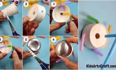 Easy spinning toy from paper cup and straws for kids