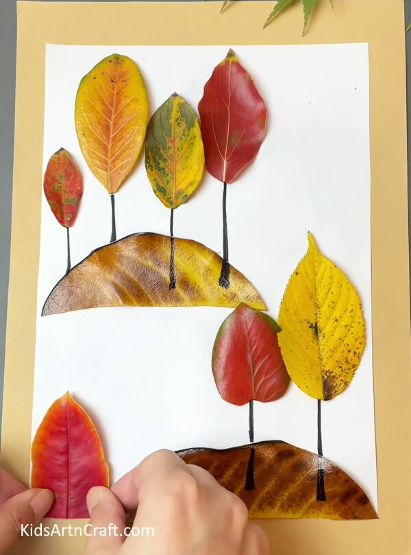Sticking more leaves and drawing lines- Tutorial On Making Fall Leaves Crafts For Kids