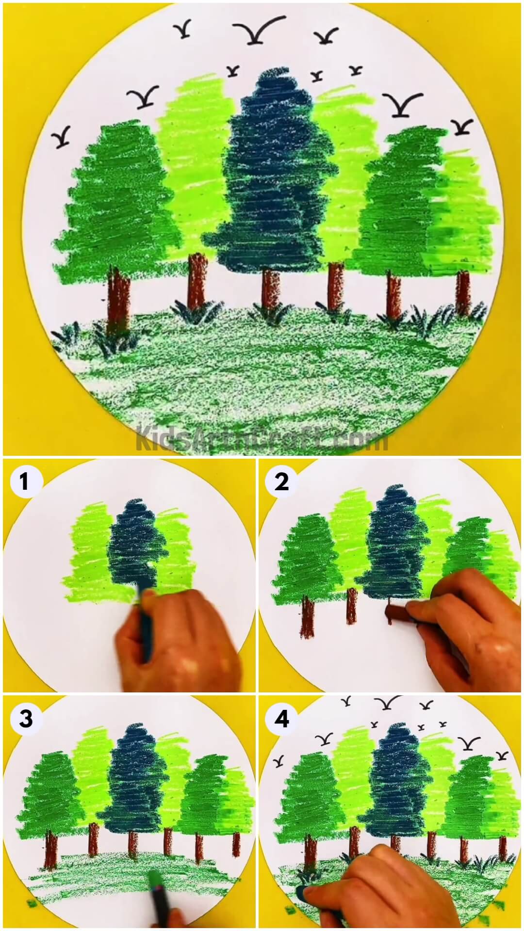  Easy To Make Tree Scenery Using Oil Pastels Tutorial For Kids