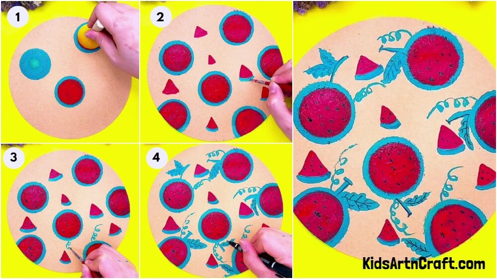 Easy Watermelon Stamp Doodle Painting Step by Step Tutorial