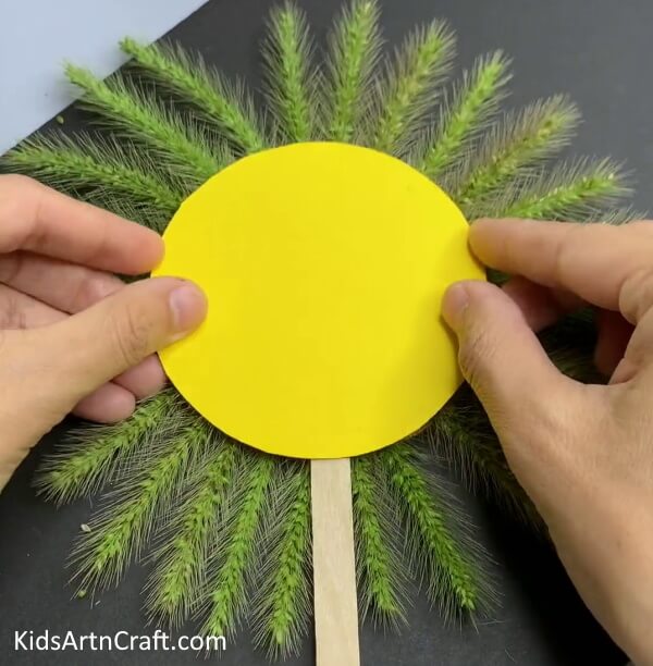 Pasting Another Yellow Circle- Constructing a Paper Lion Out of Green Wheat for Children