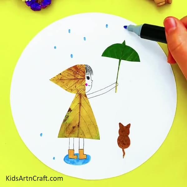 Making Rain Drops - Making a girl and cat in the rain craft out of leaves - tutorial for kids 