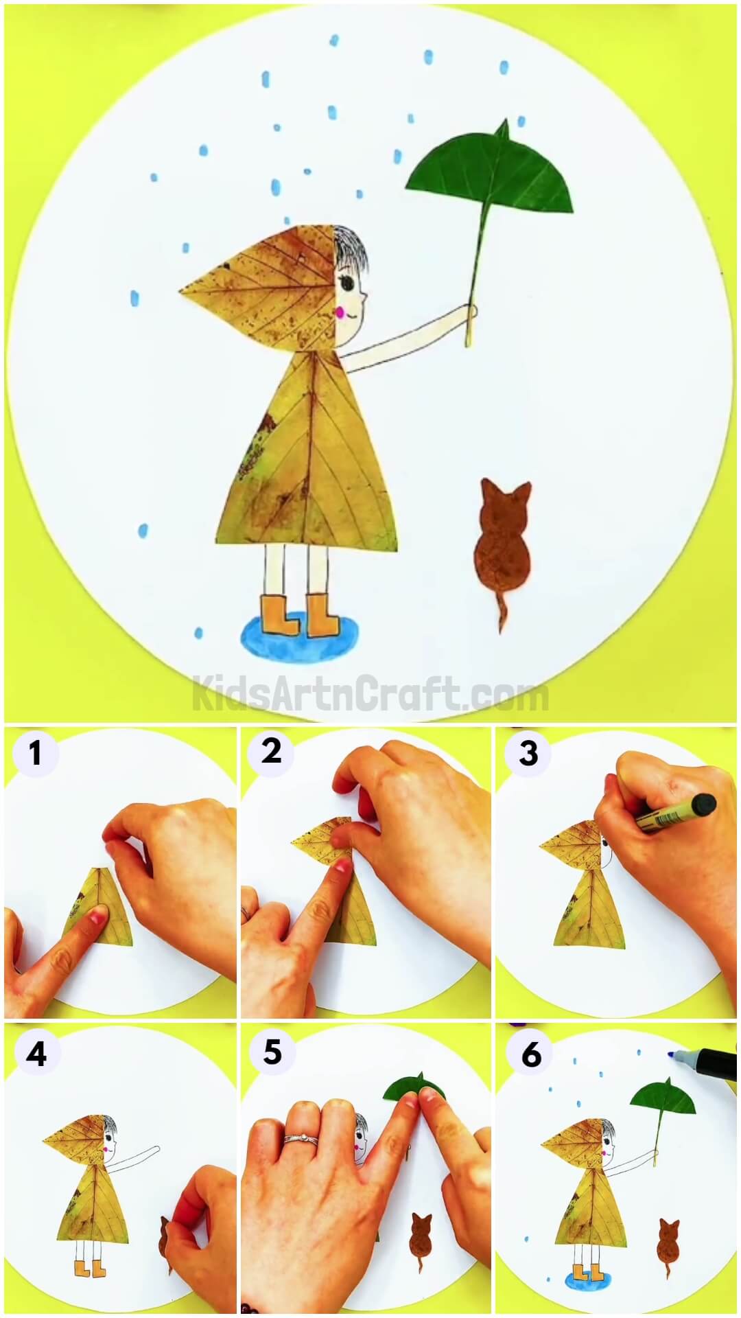Girl And Cat In Rain Craft Using Leaves Tutorial For Kids