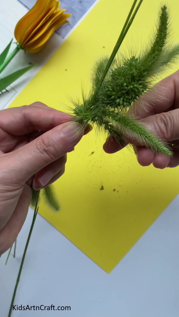 Wrapping Foxtail Around to Make Hands - Crafting a Green Foxtail Scarecrow? Follow This Tutorial At Home