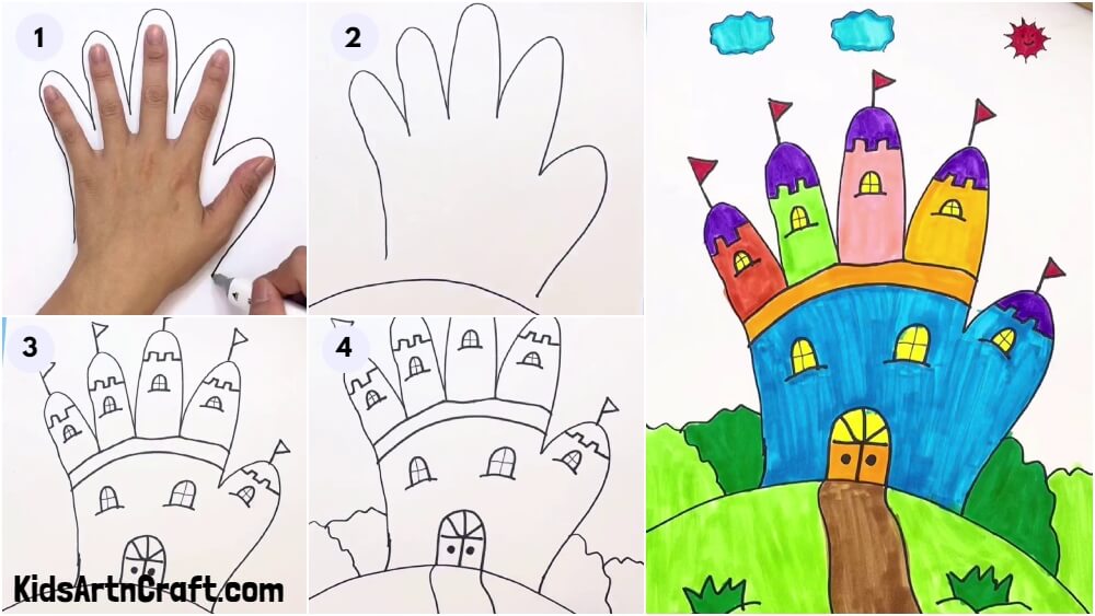 Handprint Castle easy Drawing for kids