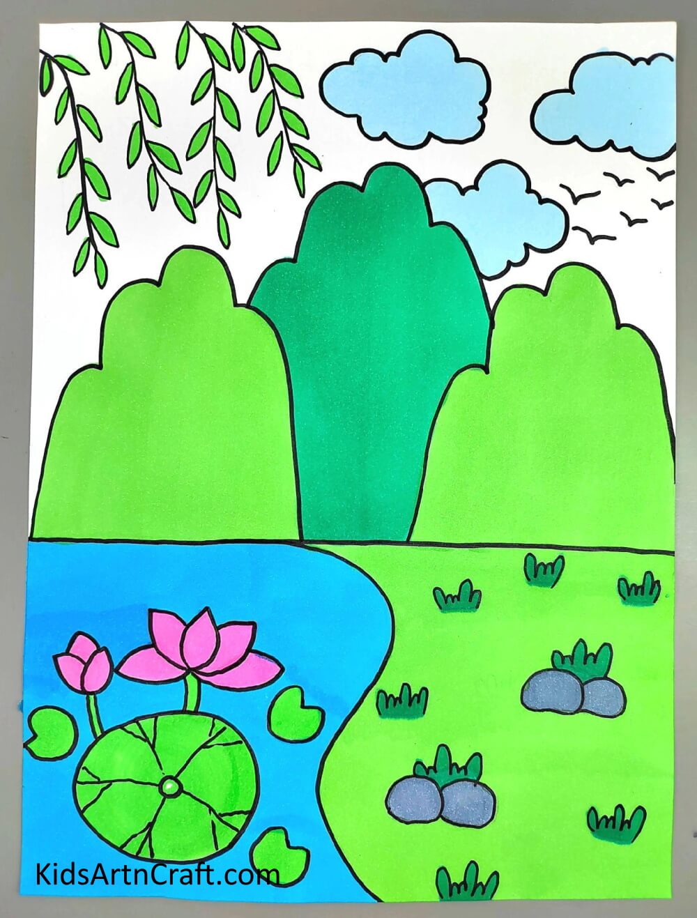 Coloring The Drawing - Beautiful Mountain Landscape Painting Proposal with Handprints