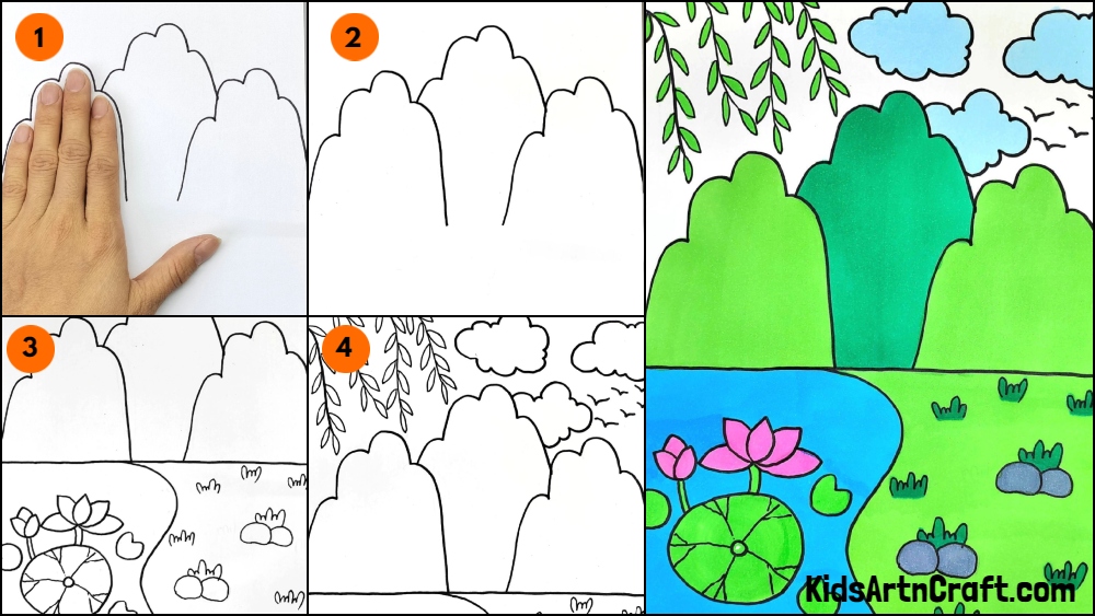Handprint mountain scenery Easy Drawing for kids