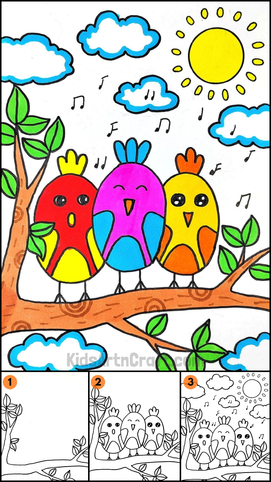 How to Draw colorful Birds on branch easy drawing