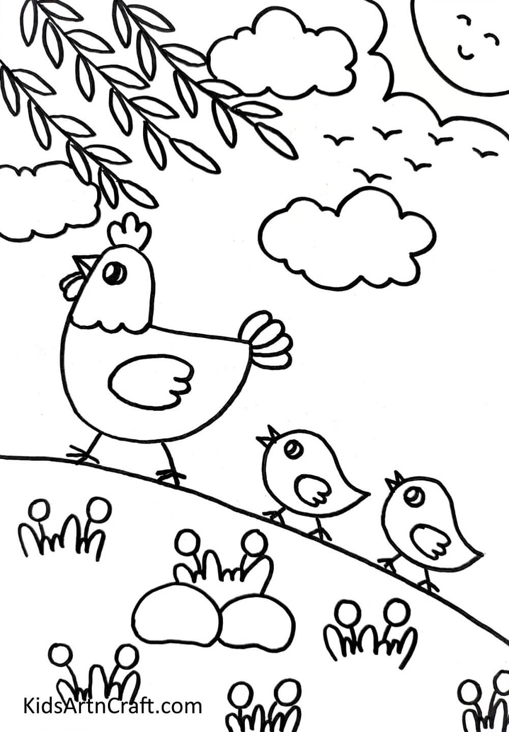Drawing The Clouds, The Sun, And The Tree Leaves - A suggestion for neophyte artists - Work on a Hen & Chicks Illustration