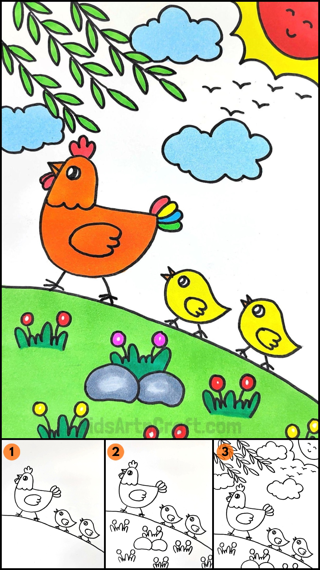  How to Draw Hen and Chick easy drawing for beginners