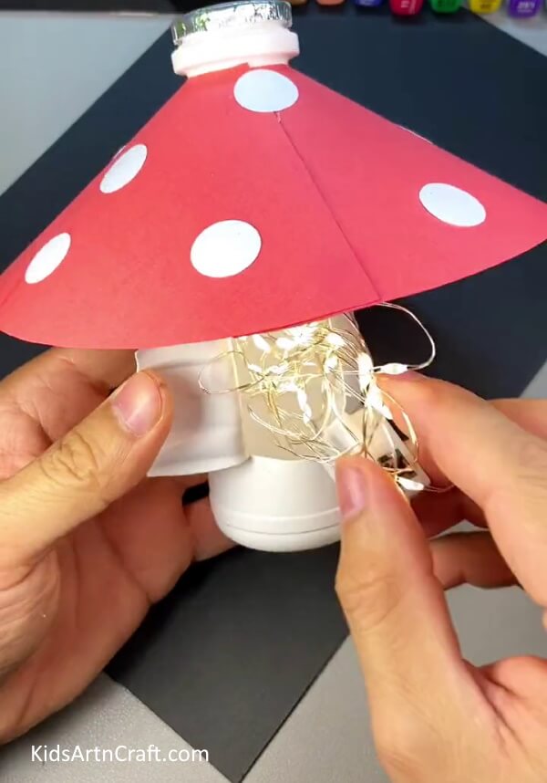 Placing LED Serial Light In A Bottle - Putting together a 3-dimensional Mushroom from paper and a plastic bottle