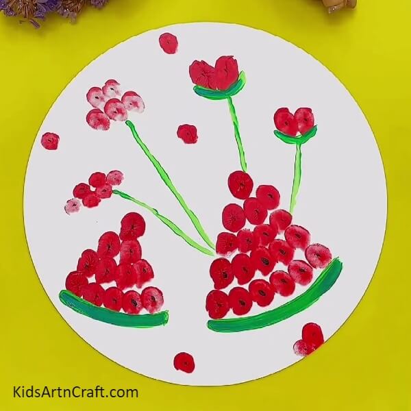 Finally, Completing Finger Impression Watermelon Painting-Creating Fingerprint Watermelon Illustrations For Kids