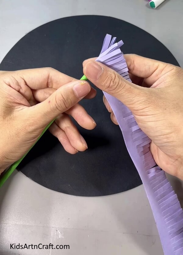 Pasting The Lavender Frills On The Stem - A Simple Guide to Building a Paper Lavender Blossoms 