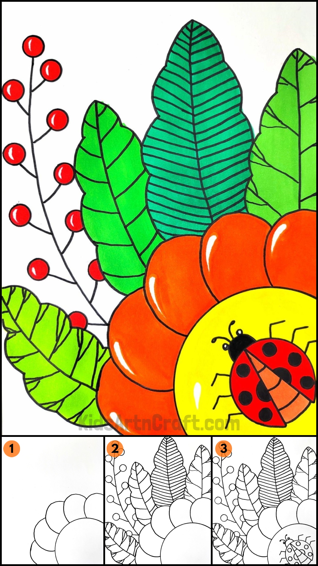 Ladybug on leaves Painting Easy Tutorial for kids
