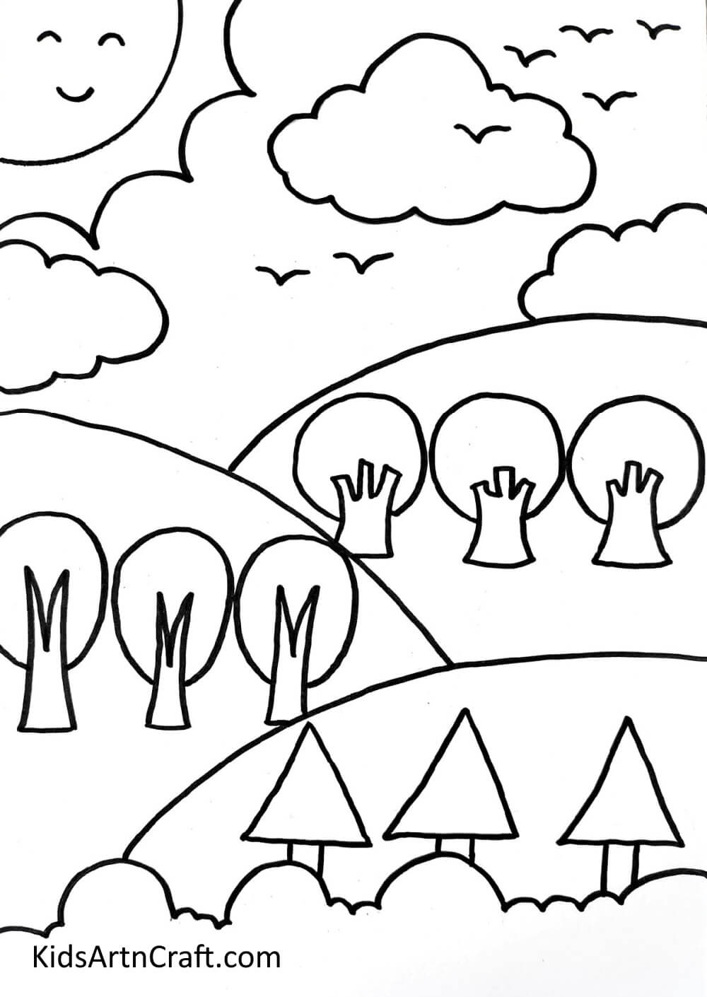 Draw The Sun, Clouds, And Birds - Guide on Drawing a Landscape for Youngsters