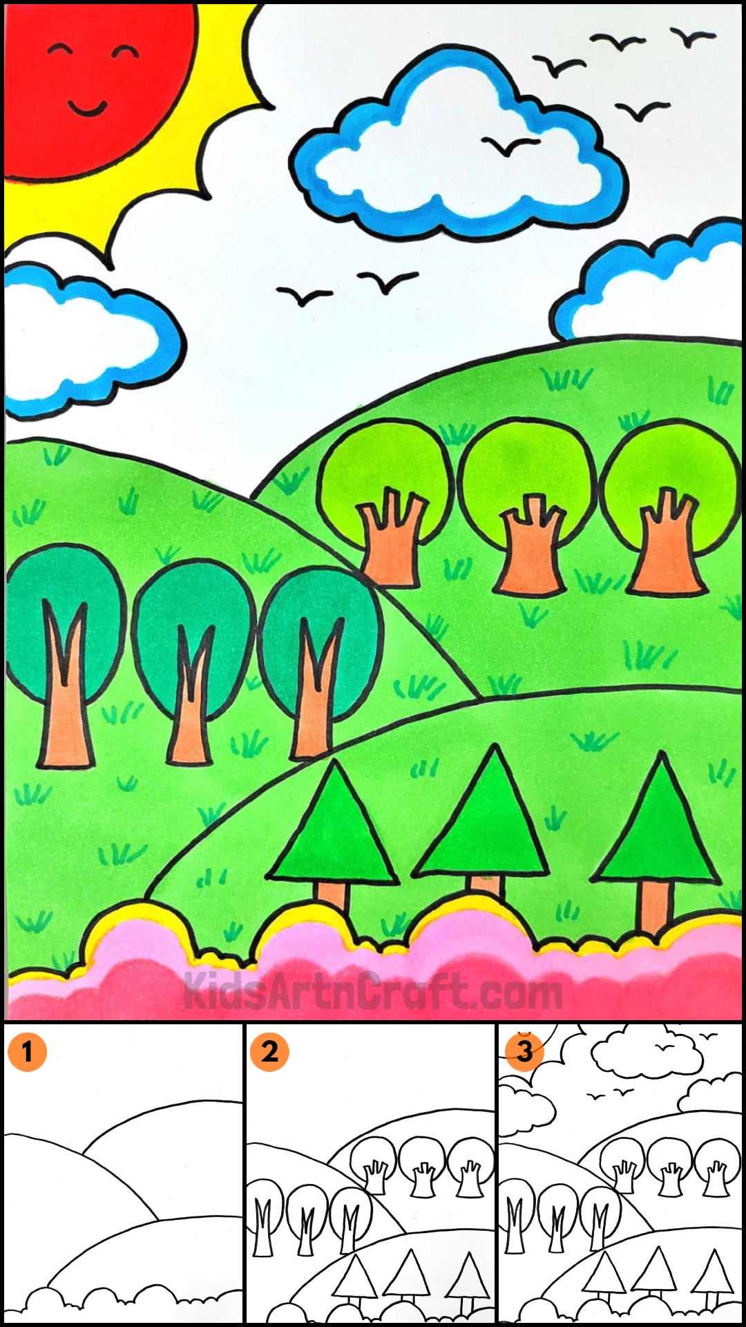 Landscape Drawing Step by Step Tutorial for kids