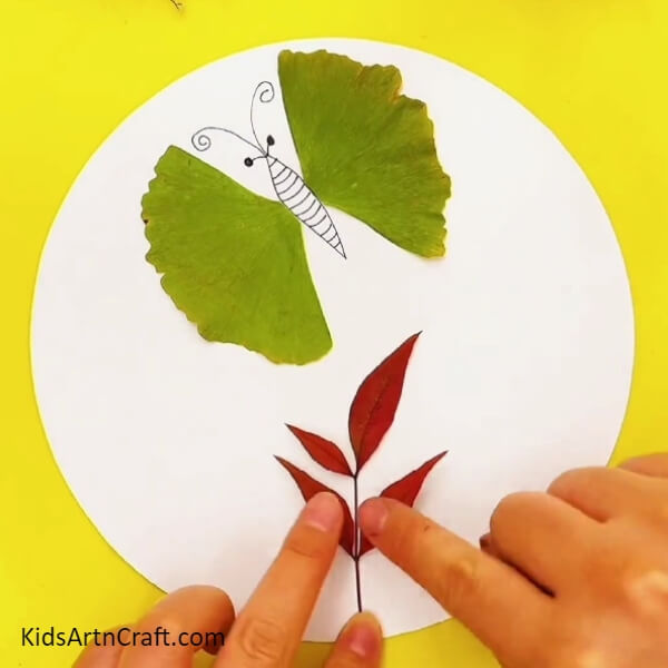 Stick leaves in the lower part of the sheet to create a beautiful garden for the butterfly- Making a leaf garden and butterfly craft for novices