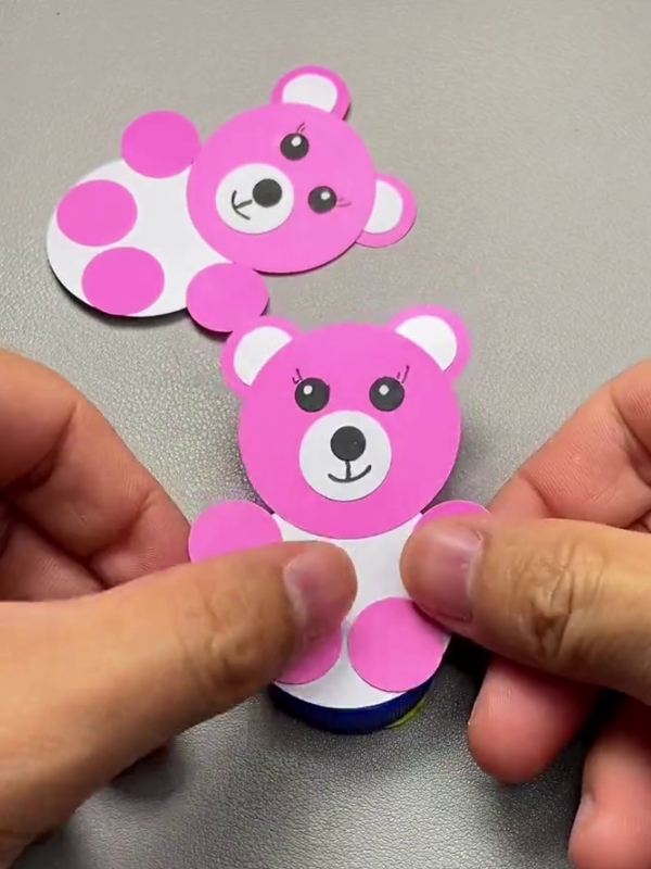 Pasting The Teddy On The Cap- Instructions for Making a Tiny Paper Teddy Bear for Youngsters