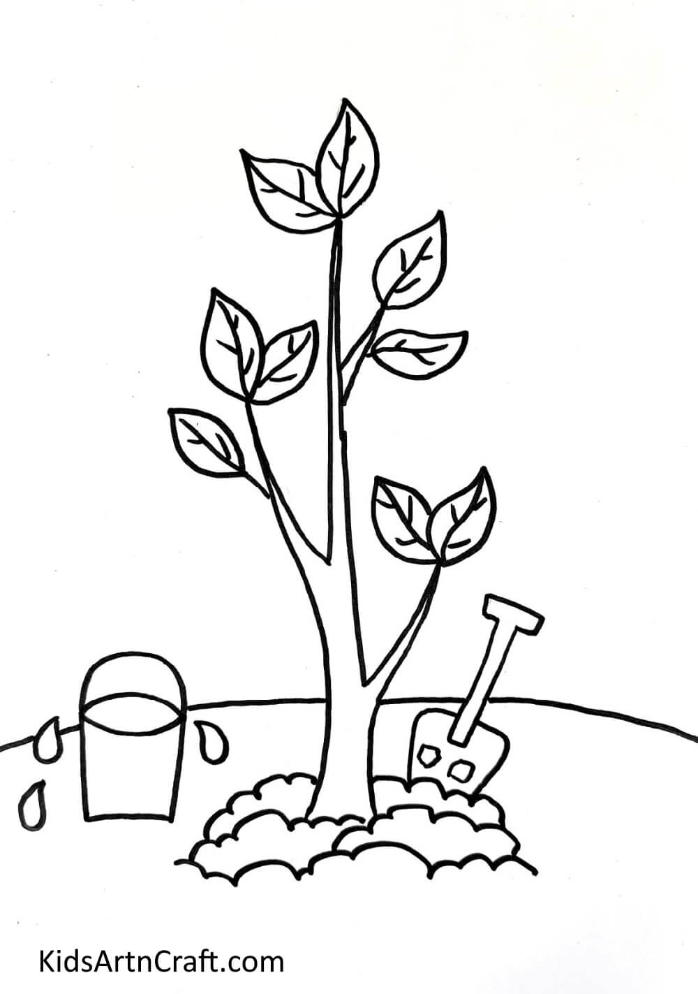 Drawing Tree Base, Shovel, And A Bucket Establishing a Tree Simple Illustration For Environmental Day