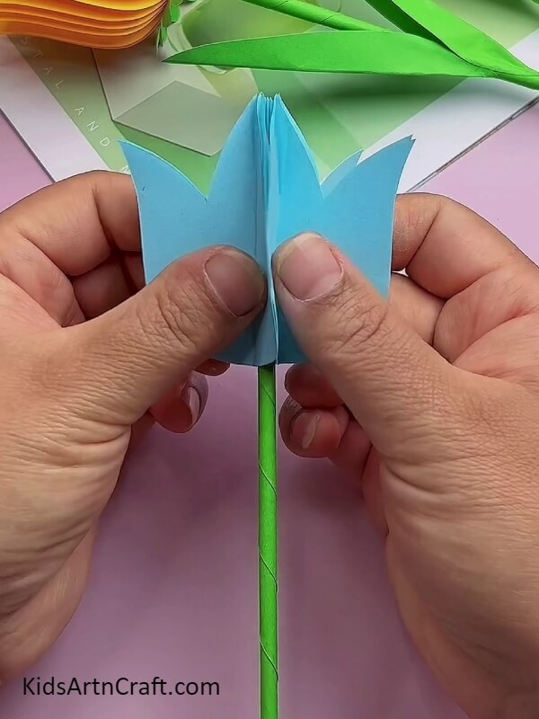 Stick Blue Tulip Shape to Close the Stem Part- Enjoyable and Easy Tulip Flower Art Tutorial For Kids 