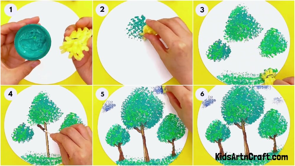 Realistic Tree Landscape Stamp Painting Using Fruit foam