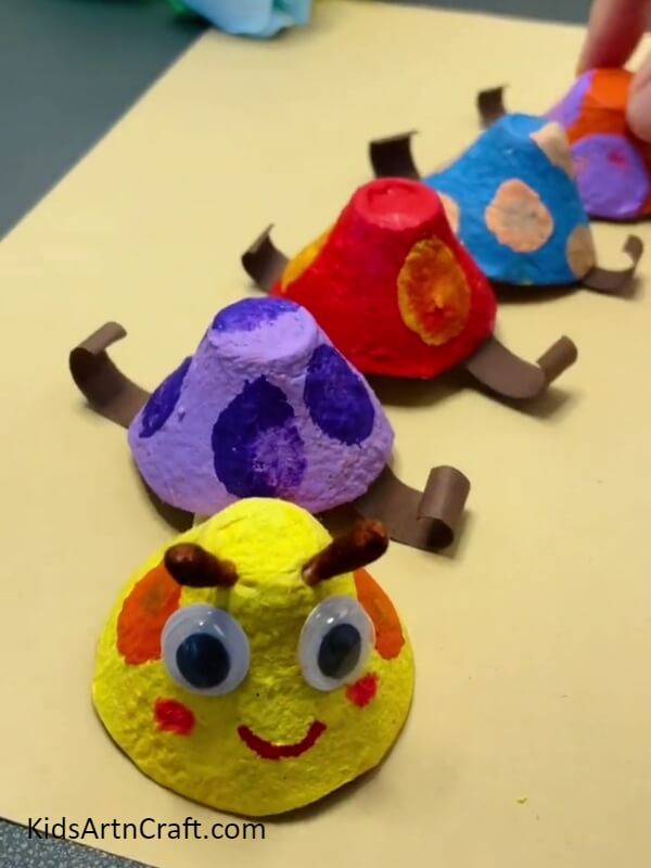 Completed the Egg Carton Caterpillar- Step-by-Step Tutorial for Kids to Make a Caterpillar from a Reused Egg Container 