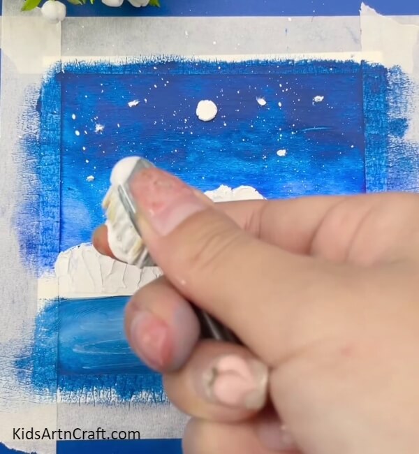 Sprinkle White Paint With Old Toothbrush- Unusual Wintery Snowy Mountain Pictures for Kids 