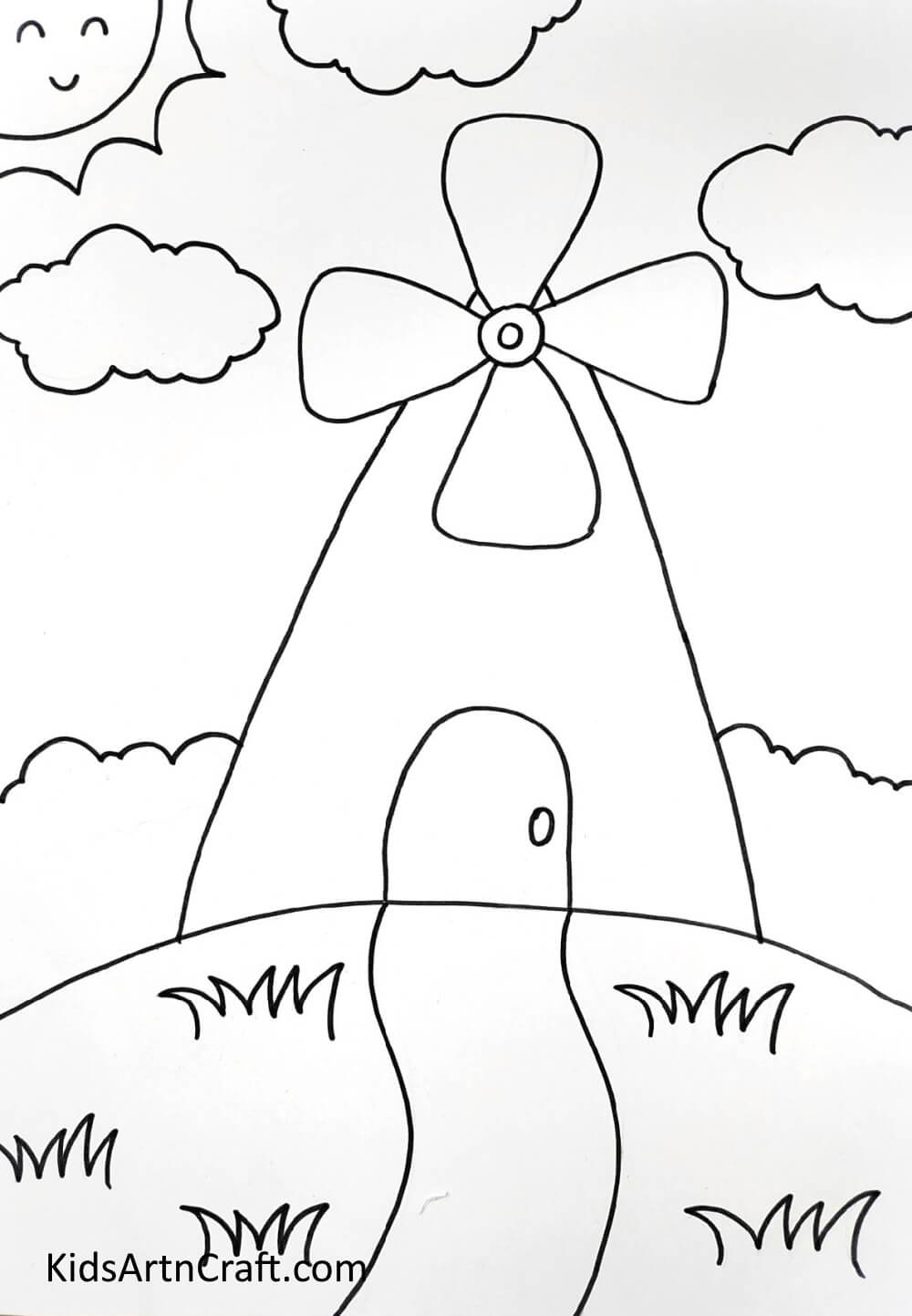 Drawing Sun and Clouds - Teaching Kids to Draw and Color a Windmill