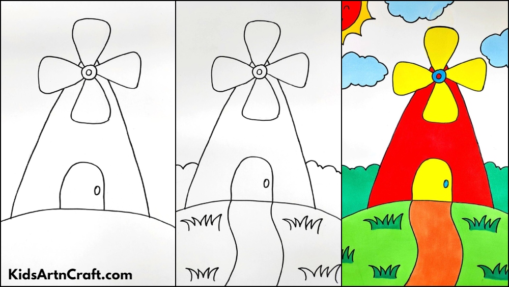 Windmill Drawing And Coloring Tutorial For Kids