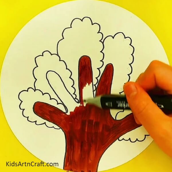 Colouring the Body of the Tree- Astounding Tree Drawing Using Hand Outline Step by Step Tutorial