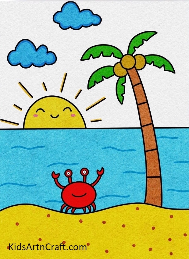 This Is The Final Look Of Your Beach Drawing! -Beach art tutorial for kindergartners on how to draw and colour 