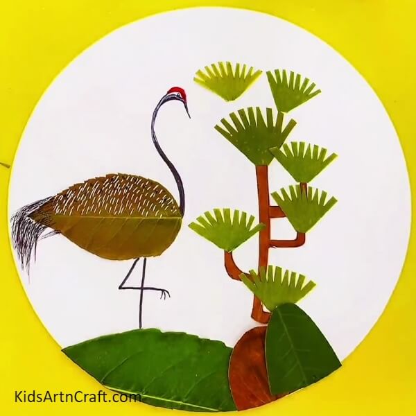 Voila! Our Crane Bird Fall Leaves Scenery Is Ready-Inventive Crane-Feathered Animal Fall Leaves View Craft Concept For Little Ones